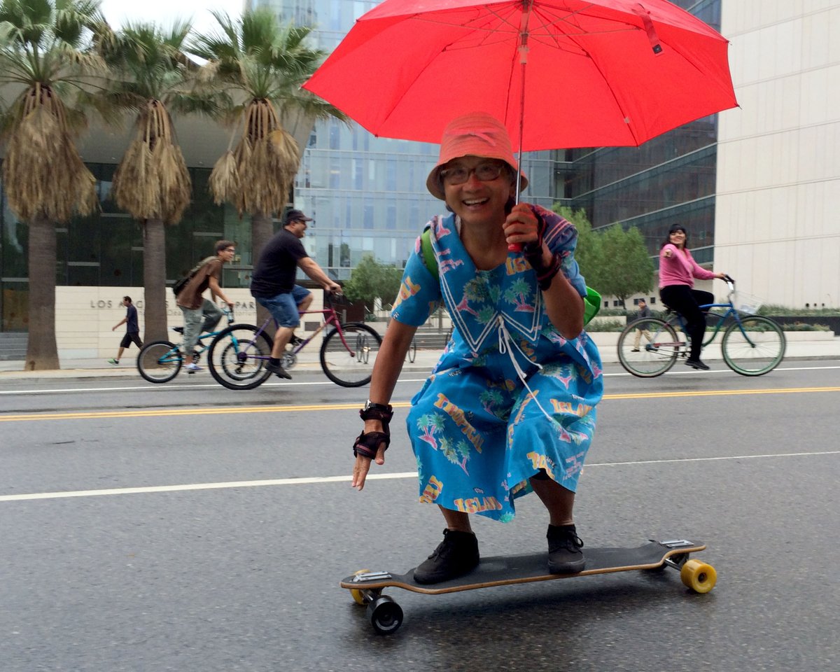 BikeMetro's tweet photo. Learning to skateboard post retirement = #rockstar status. Swee is always our inspiration for #OpenStreets. #motivationmonday @CicLAvia https://t.co/I3g4hAyrG3