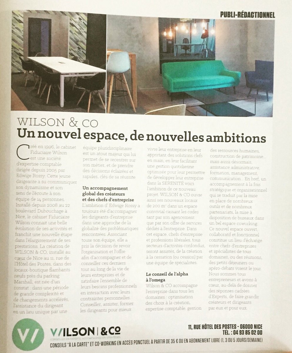 WilsonAndCoNice's tweet photo. Wilson &amp; Co est fière de vous présenter son premier article dans le magazine @MRessources #coworking #coworkingspace #magazine #Nice06 https://t.co/7LR9Cc8pc7