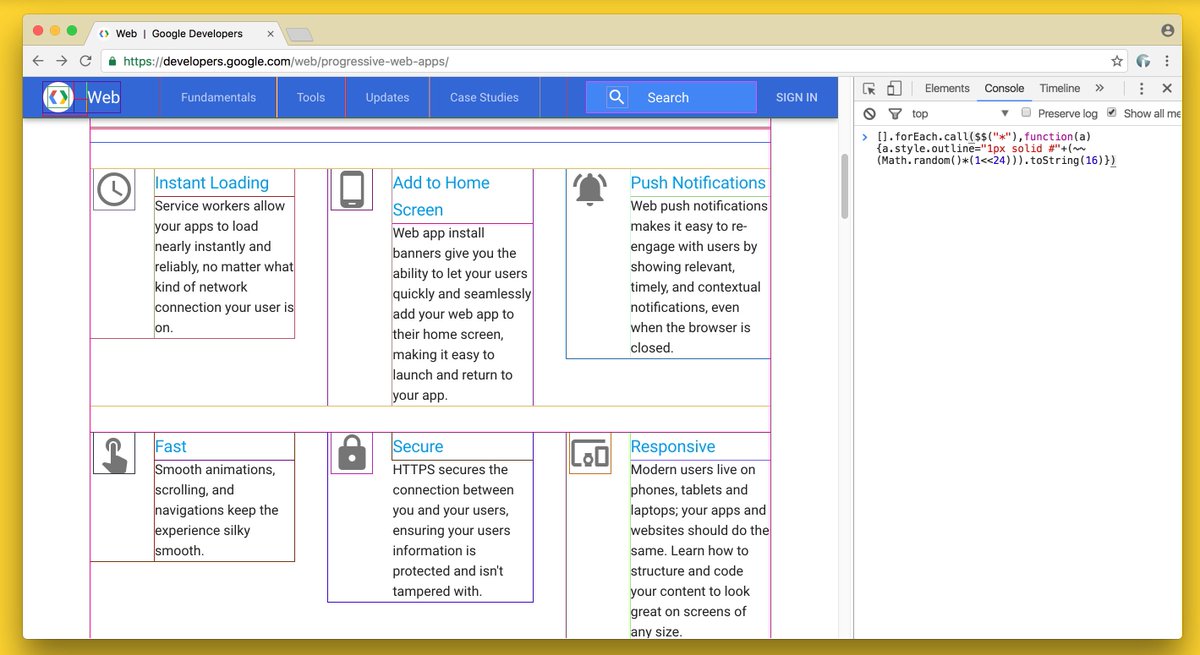 A tweet-sized debugger for visualizing your CSS layouts. Outlines every DOM element on your page a random (valid) CSS hex color.