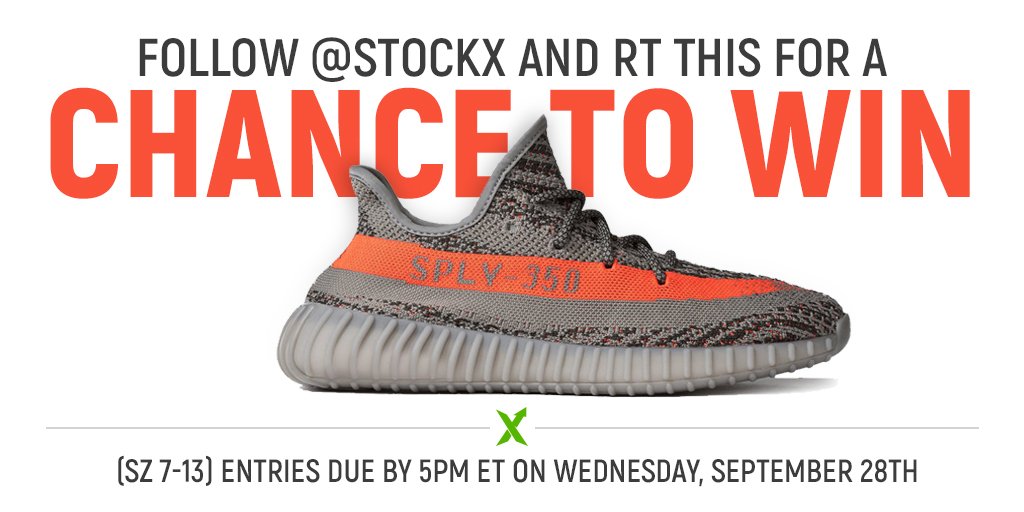 StockX on "Follow @StockX and RT to win a 350 V2 (sz 7-13). #StockXFreeYZY Enter by 5pm ET Info at https://t.co/d1XAeAnV0n" /