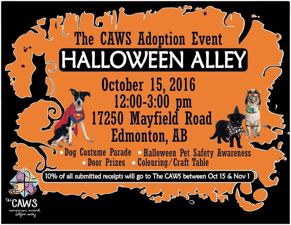cawsab's tweet photo. Come see us at 17250 mayfield road! Our amazing adoption event "Halloween Alley"💜🐶🐱 #yegpets #cawdogs #cawcats #thecaws #yegcats #yegdogs https://t.co/vyNt9QIW14