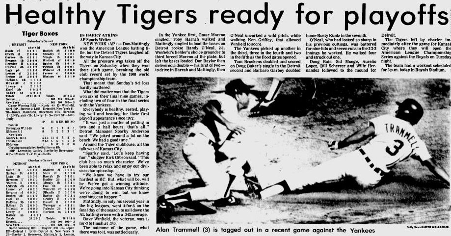 Tigers84Replay's tweet photo. Sept. 30, 1984: Yankees 9, #Tigers 2. Tigers lose their season finale to finish with a record of 104-58 #Relive84 https://t.co/otKeSfRXQa