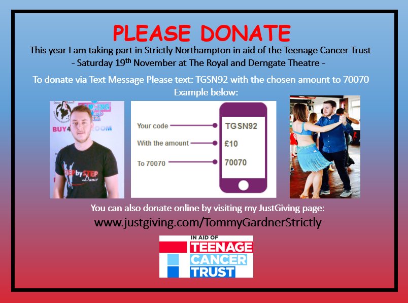 Please donate by text message or online to my Strictly Northampton fundraising campaign in aid of <a href="/TeenageCancer/">Teenage Cancer Trust</a> ! Please RT - Thanks :)