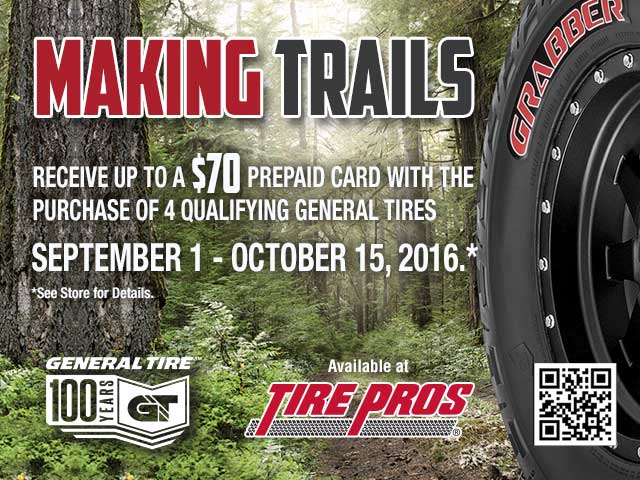 FamilyTirePros1's tweet photo. Stop in for a set of #GeneralTires and receive up to a $70 prepaid card! Offer valid until 10/15/2016. #MakingTrails #TirePros https://t.co/XTF9qGGYZY
