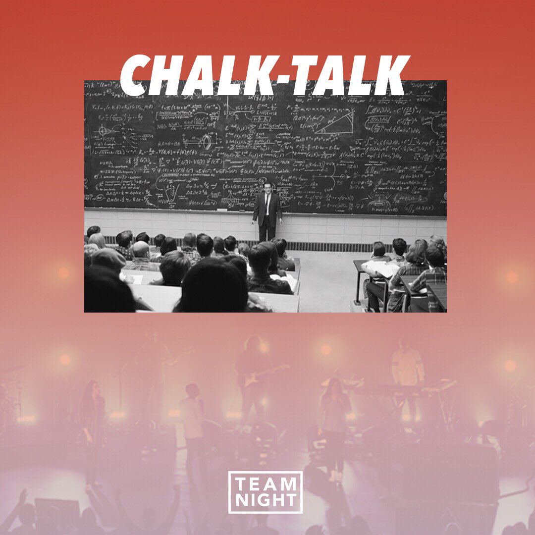 TEAM NIGHT is all about Chalk-Talk.
sign-in: Chapel lobby
musicians: Holy Spirit Room
prayer leaders &amp; vocalist: Kennedy Chapel
SEE YA AT 7🎉