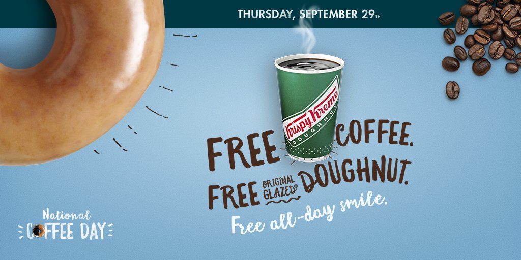 krispykreme's tweet photo. 9/29 is #NationalCoffeeDay. At Krispy Kreme, that means a FREE small coffee and a FREE Original Glazed® doughnut! https://t.co/lSPlYiosyU