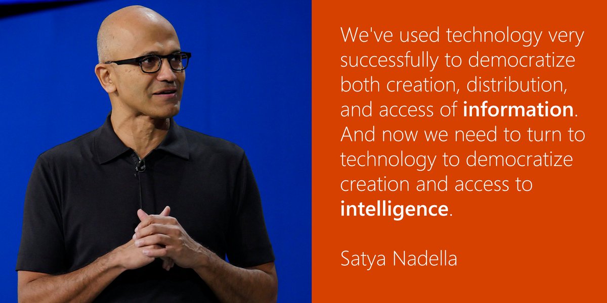 Microsoft's tweet image. Microsoft CEO @SatyaNadella on the emerging role of intelligence in technology. #MSIgnite