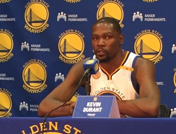 KD says Warriors sales pitch influenced his decision but wouldn't comment on whether he'd be here had they won title