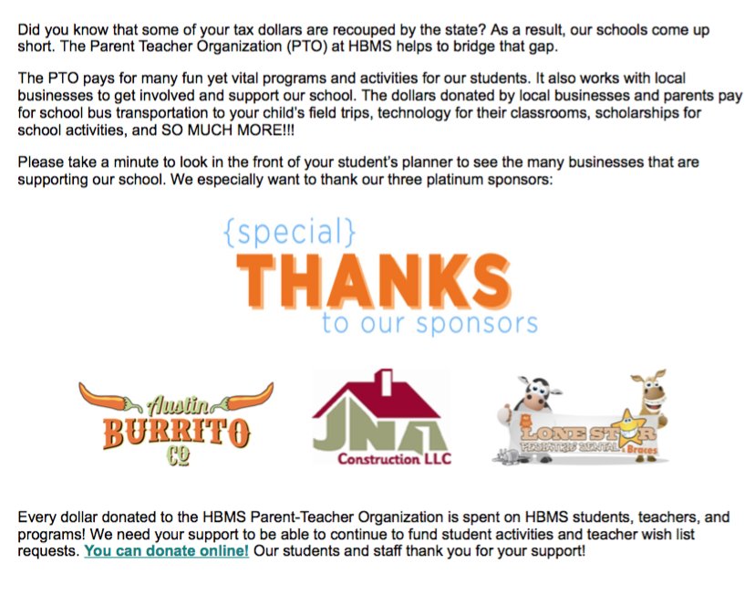 Thank you to all of our sponsors so far this year! Could not have done it without you! #Thankyou #ltisd #hbms