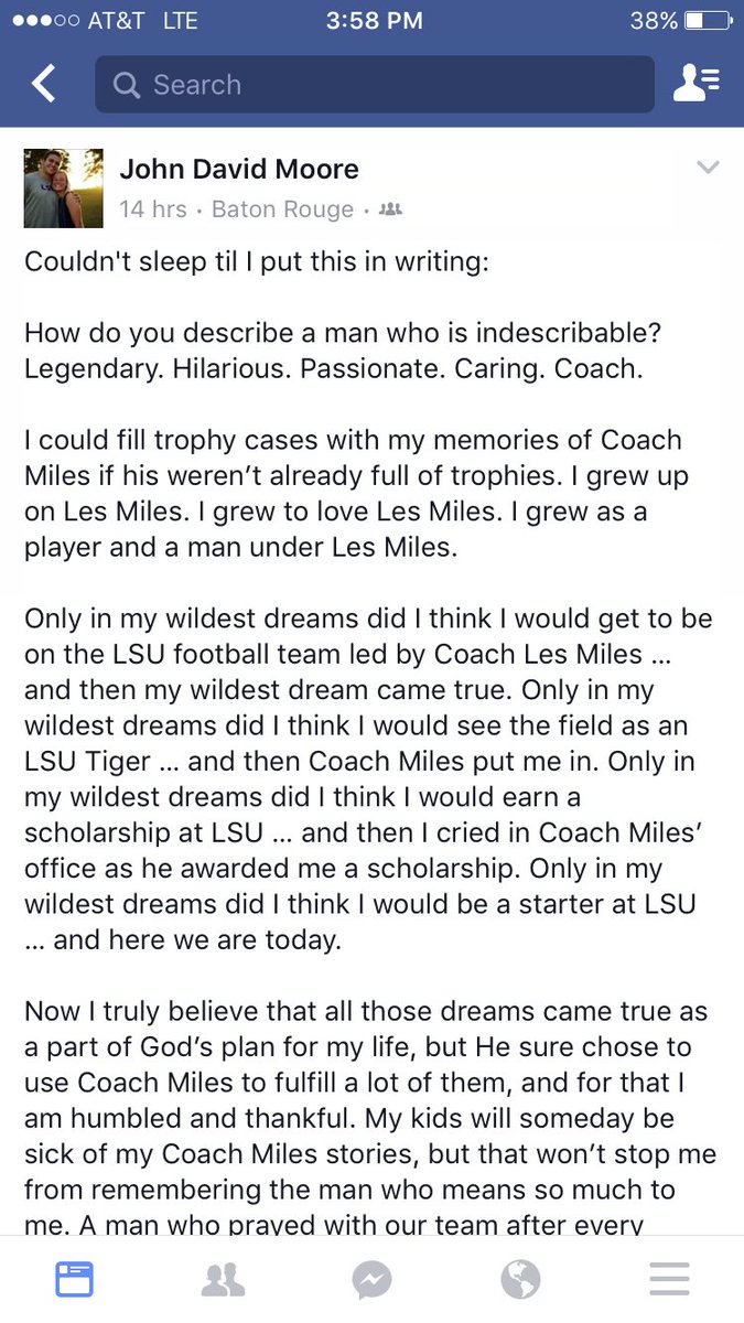 CodyWorsham's tweet photo. JD Moore wrote this on Les Miles on Facebook. Required sharing. https://t.co/a5Ec1k0VQF