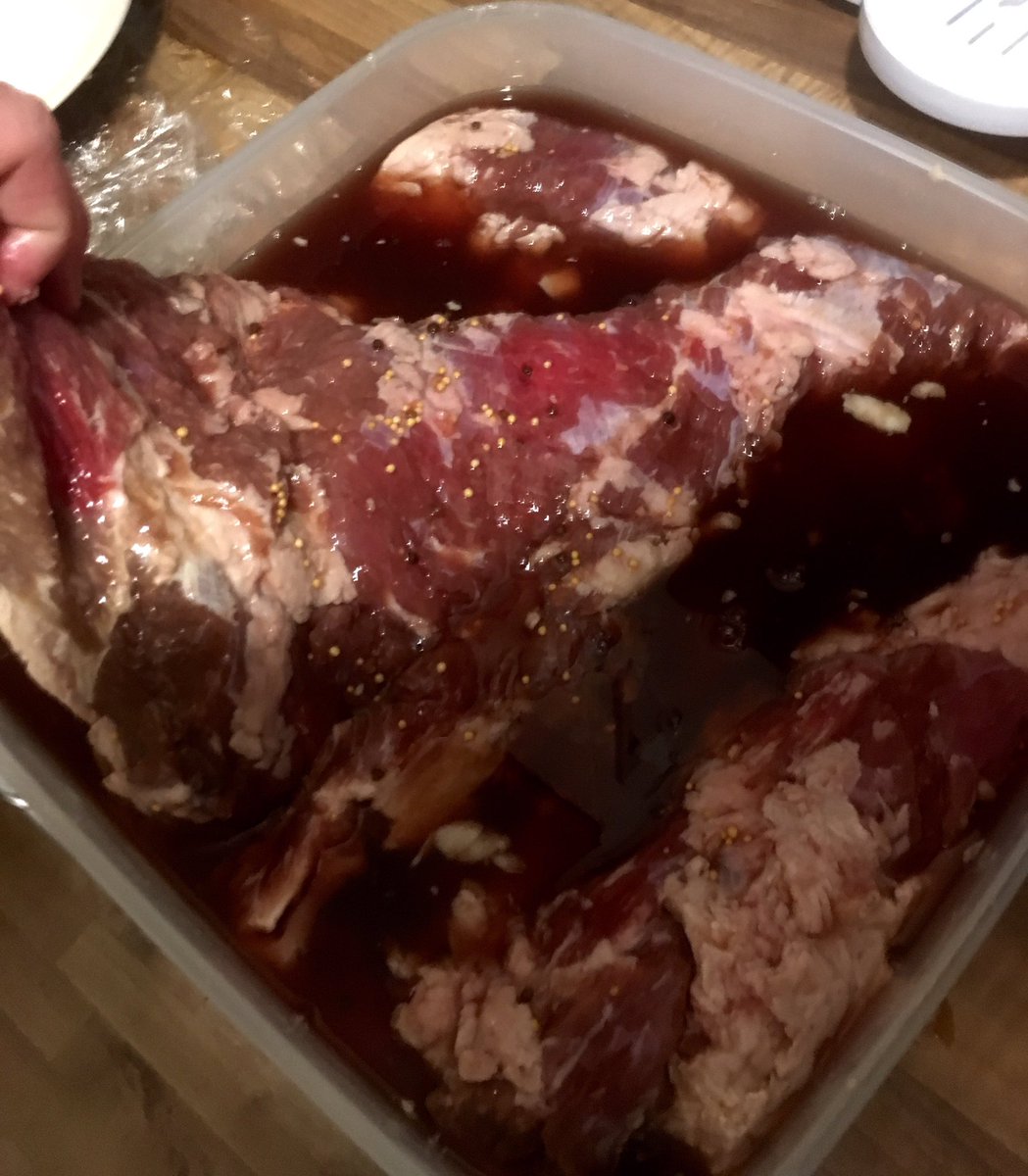Tasty looking brisket after two weeks' wet cure. Will be oak smoking it to make Pastrami very soon. Should be a lot prettier after that.