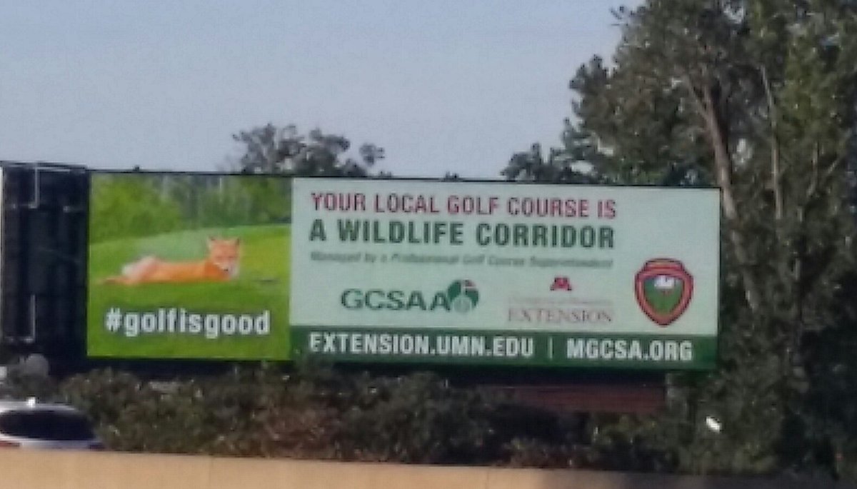 cgranger2020's tweet photo. Just saw this billboard on I-494  while working @rydercup @urbanturfmn @JackMacMGCSA  #golfisgood #Turf https://t.co/i445geFtQX