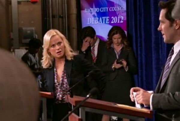 NanaMenya's tweet photo. Great debate between Leslie Knope and Bobby Newport! #ExceptThisWasReal...Gulp https://t.co/eS0nG3yayA