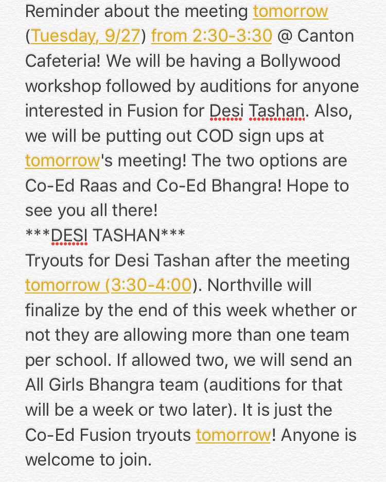 PCEP_IASA's tweet photo. IASA Meeting. Tomorrow after school 2:30-3:30 @ Canton Cafeteria. Be there for Bollywood workshop and Tashan auditions! https://t.co/6IbZFDhShH