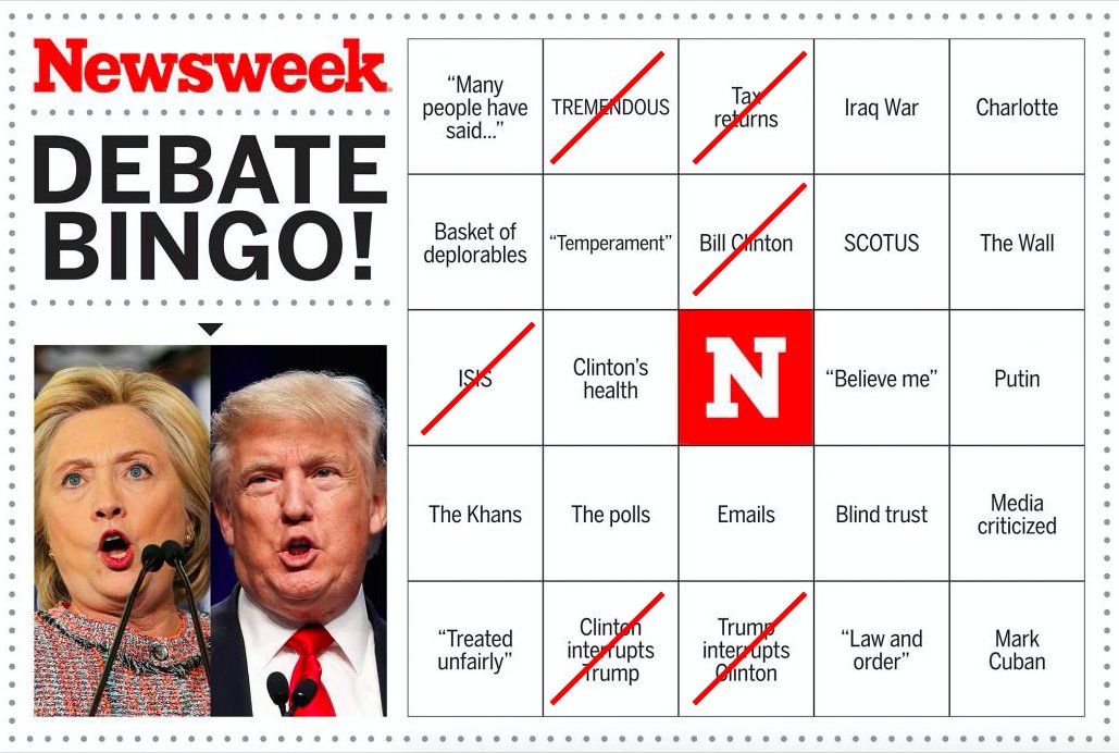 Cross out ISIS, Bill Clinton, tax returns on your #debatenight bingo cards...