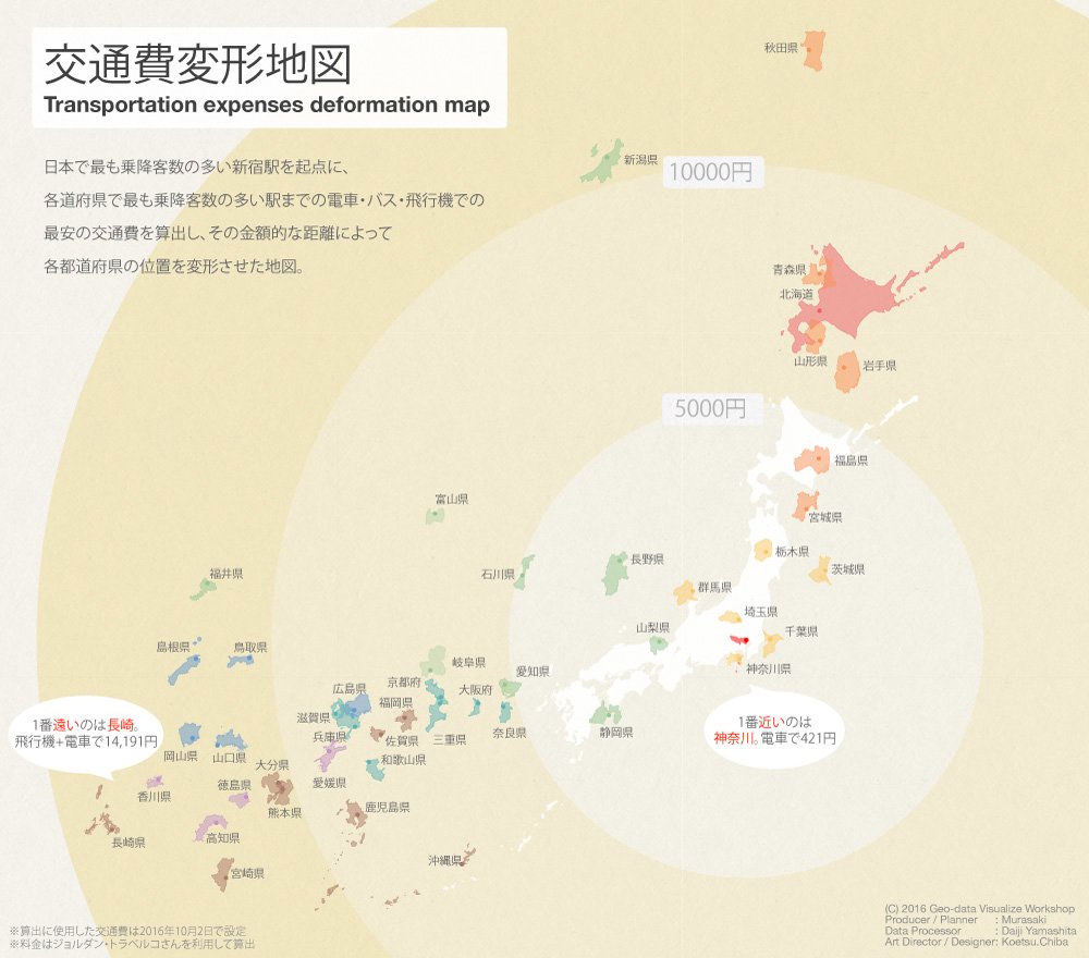 東京までの交通費を基準に作り直した日本地図が完成 秋田遠すぎて狂ってる 長崎は遠かった Togetter