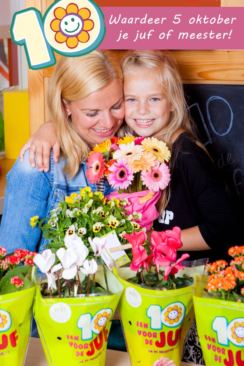 Wij staan achter de campagne <a href="/Een10voordejuf/">Een10voordejuf!</a>! Waardeer op 5 okt. #DagvandeLeraar juf/meester met bloemetje/plantje.
