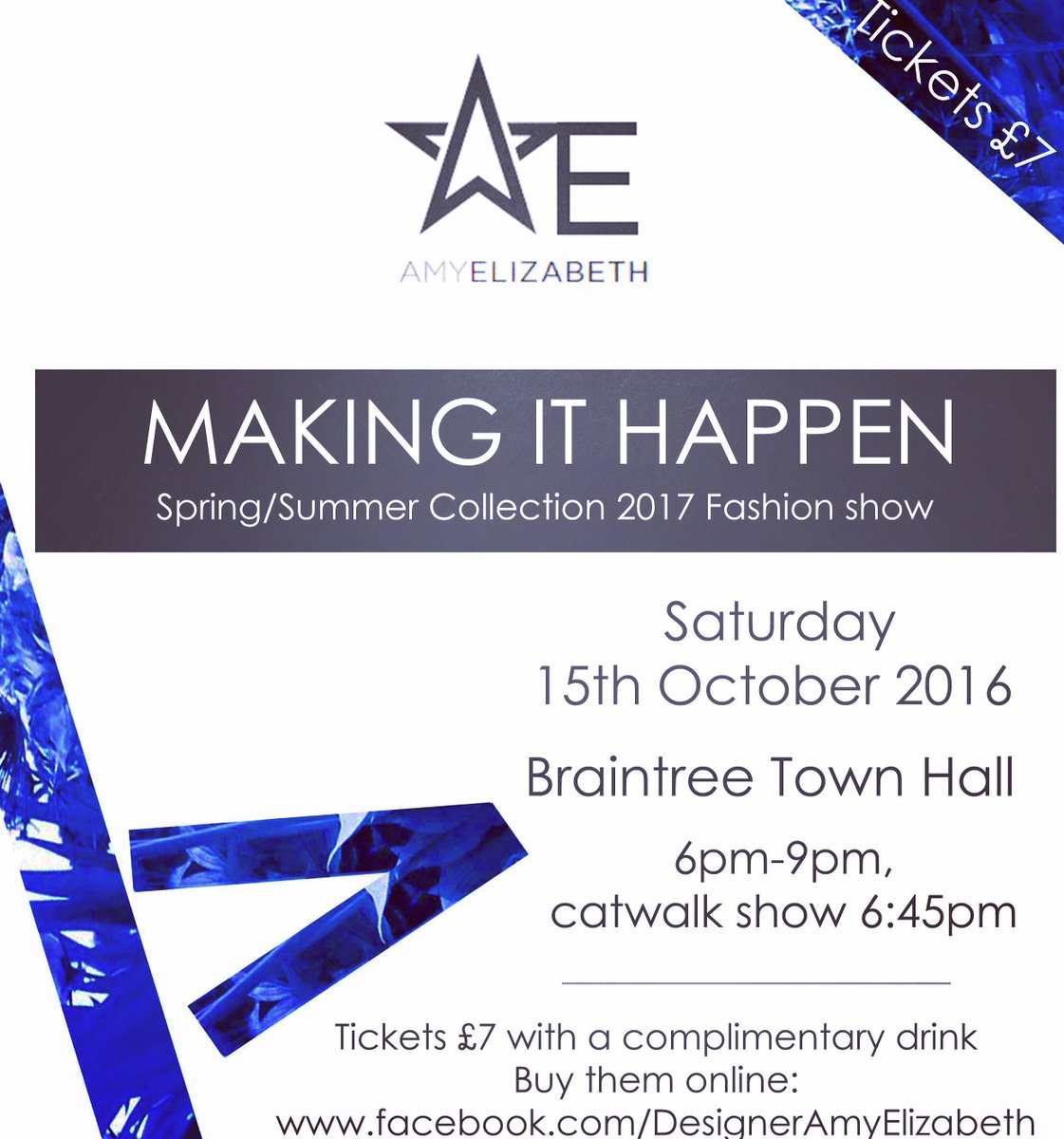 Brooks28Amy's tweet photo. Come to my Fashion Show 💁🏻⭐️ #AmyElizabeth #AE #designer #fashion #clothing #Braintree #Essex #Braintreetownhall #makingithappen #october https://t.co/MLKuUCp8zy