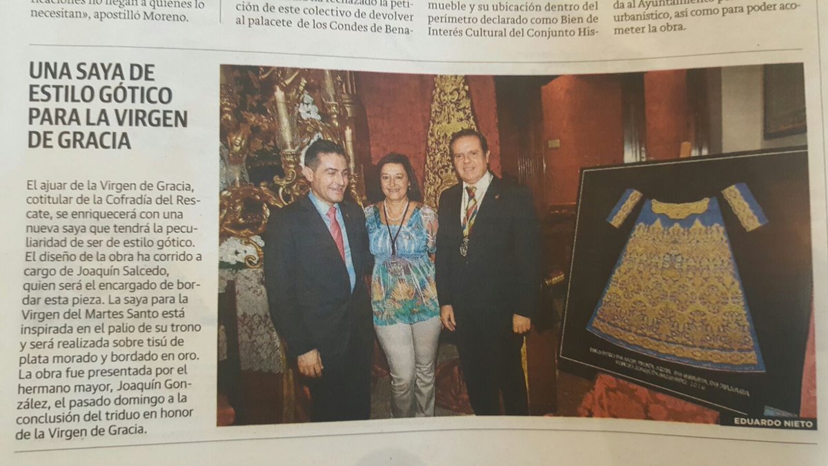 HdadRescate's tweet photo. Los medios de comunicación también se hacen eco, en su edición impresa, del proyecto de la nueva saya para María Santísima de Gracia. https://t.co/zAwlJ81Mtq