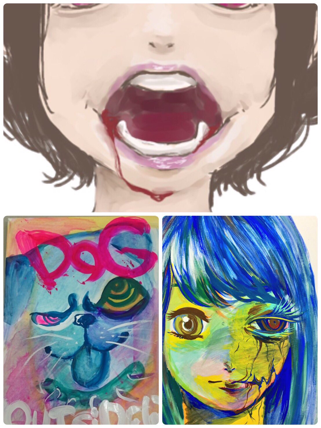 不完全な完全展 もっちゃん Mochiko Rock はアクリル絵の具やデジタルで描く厚塗りの絵が特徴です 厚塗り ならではの様々な色合いが少しグロテスクな絵とマッチし 独特の世界観を出しています アメコミを思わせるデザイン画も描いています 担当は顔