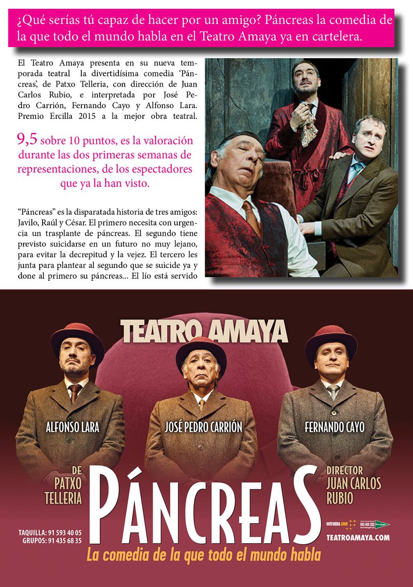 chamberidigital's tweet photo. 9,5 sobre 10 es la nota que dan los espectadores de #PáncreasTeatro la #comedia de éxito en @teatroamaya #Madrid #Chamberí #TwitButaca https://t.co/dFzCKaz6c1