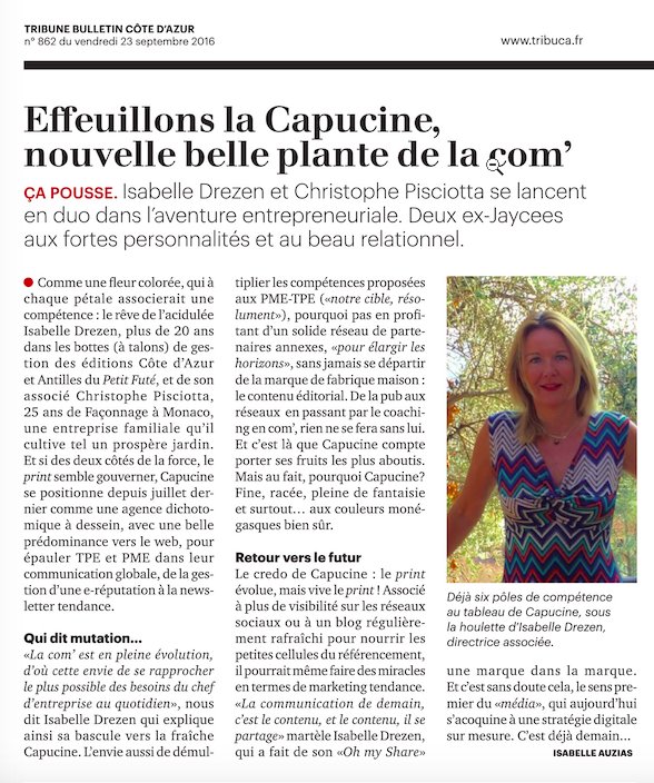 CapucineAgency's tweet photo. Merci à @LaTribune de nous avoir mis à l'honneur dans son édition de vendredi dernier ! #economie #paca #monaco #communication #digitale https://t.co/wUfqlTk4MV