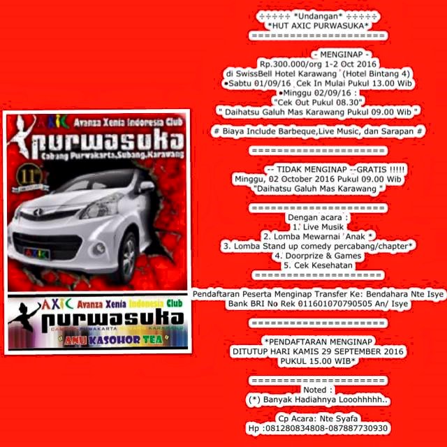 HUT AXIC PURWASUKA
Menginap 1-2 Oktober 2016 SwissBell Hotel Karawang
Daihatsu Galuh Mas Karawang 2 Oktober 2016 Pukul 09.00 <a href="/AXICrakom/">AXIC RAKOM</a>
