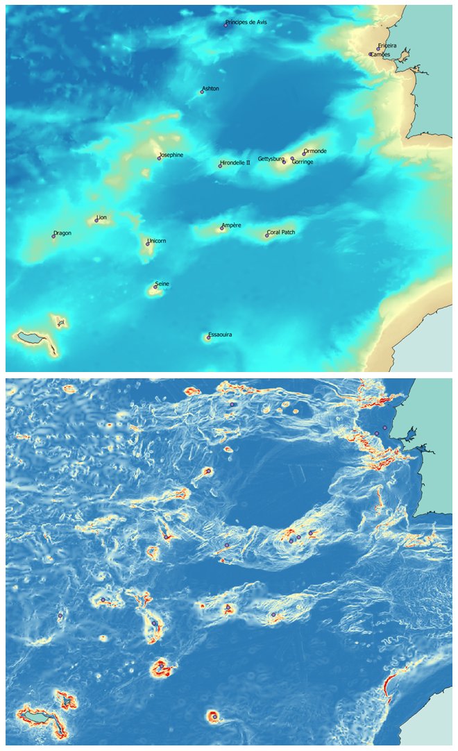 #QGIS. Batimetria dos fundos(1) e representação dos declives(2) a sudoeste da costa portuguesa, dados <a href="/gebcobathymetry/">GEBCO bathymetry</a>, processamento <a href="/qgis/">QGIS</a>