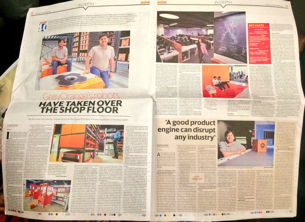 Full center spread of <a href="/livemint/">Mint</a> dedicated to <a href="/GoGreyOrange/">GreyOrange</a> today. What an amazing sight! Congrats <a href="/akash_acyut/">Akash Gupta</a> <a href="/SamayKohli/">samay kohli</a> and team!