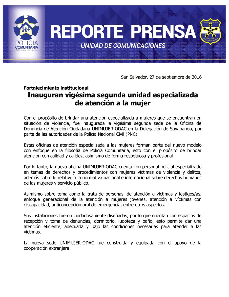 PNCSV's tweet photo. Inauguran vigésima segunda unidad especializada de atención a la mujer en Delegación de Soyapango. https://t.co/caP5IwC4A2 https://t.co/DEkMnh4JcJ