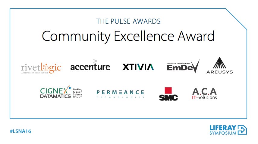 Congrats to all our #Liferay Pulse award winners. <a href="/rivetlogic/">Rivet Logic</a> <a href="/XTIVIA/">XTIVIA, INC</a> <a href="/CIGNEX/">CIGNEX</a> <a href="/permtech/">Permtech</a> @SMCpartner @aca_it <a href="/Accenture/">Accenture</a> <a href="/Arcusys/">Valamis</a> &amp; EmDev