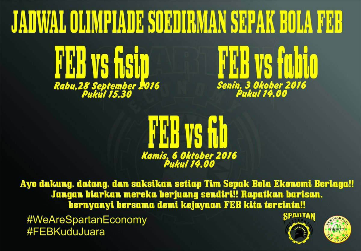 Ayooo Spartan!!!!! Datang dan ramaikan tribun gor Soesoe untuk kebanggaan dan harga diri kita!!!!
#FEBkuduJuara