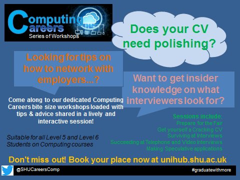 SHUCareersComp's tweet image. Want tips on how to talk to employers @SHUCareers fairs?Come to our Prepare for the Fair workshop #ComputingCareers 
unihub.shu.ac.uk/students/event…