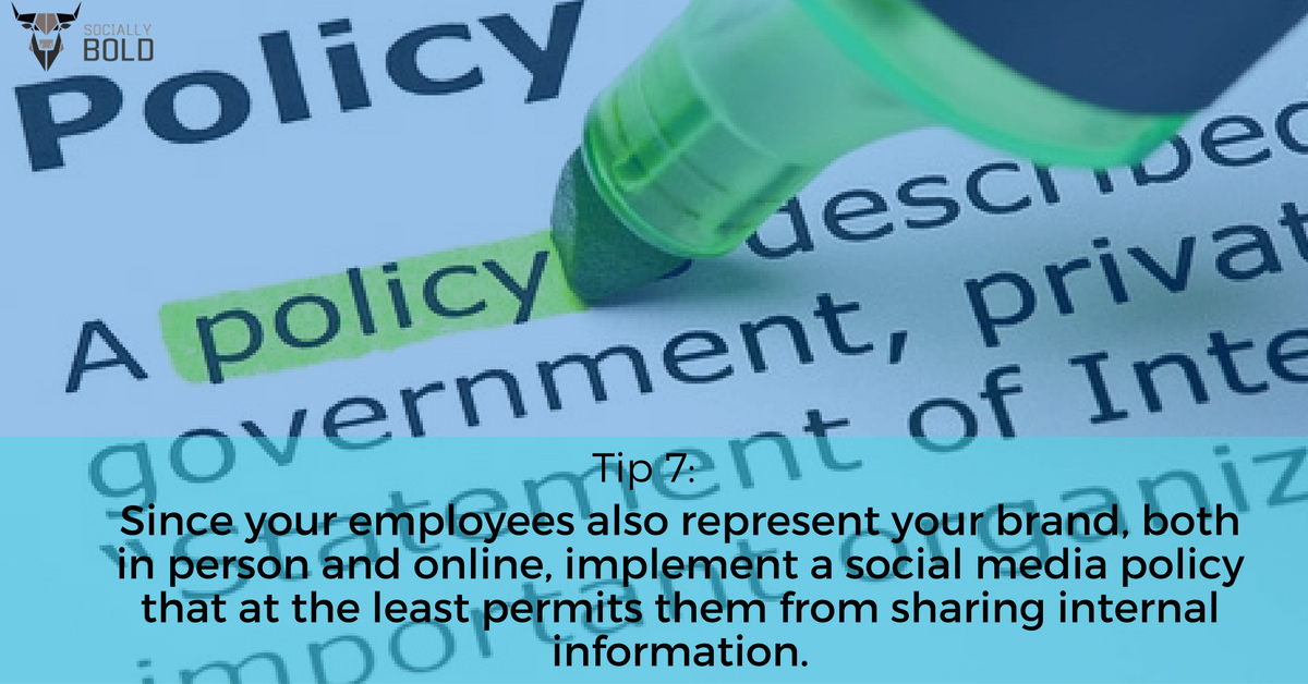 sociallyboldjax's tweet photo. Having a social media policy can help keep your employees responsible for their posts and more cognizant. #boldtips https://t.co/nlG9OpHSPH