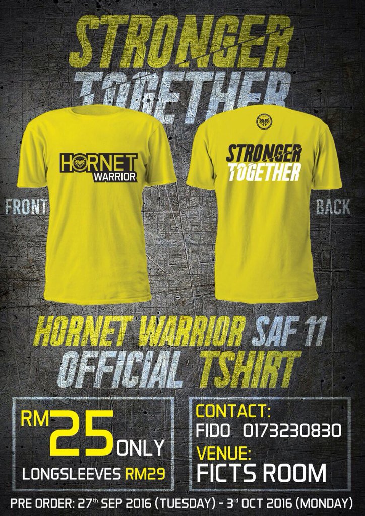 twt_FTMK's tweet photo. *Baju Hornet SAF 11*
RM 25 lengan pendek
RM 29 lengan panjang
Material: Microfiber orange sport https://t.co/4vCQj9vULM