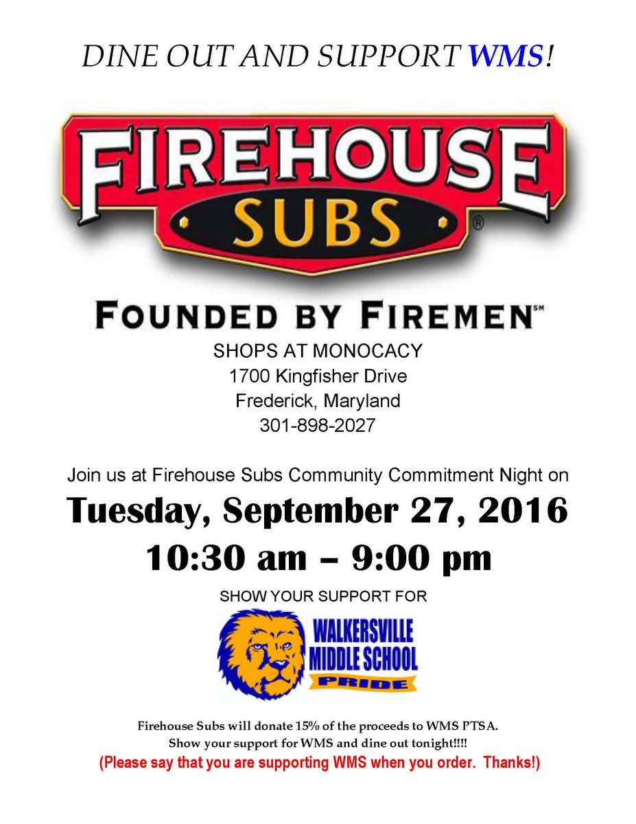 PTSA Dine out night at Firehouse Subs!!