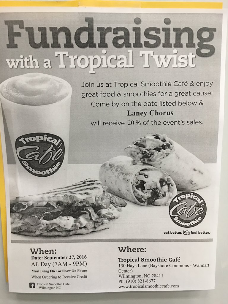 Come to Tropical Smoothie today in Porters Neck and show this picture to help the Laney chorus get to NYC!!!!!