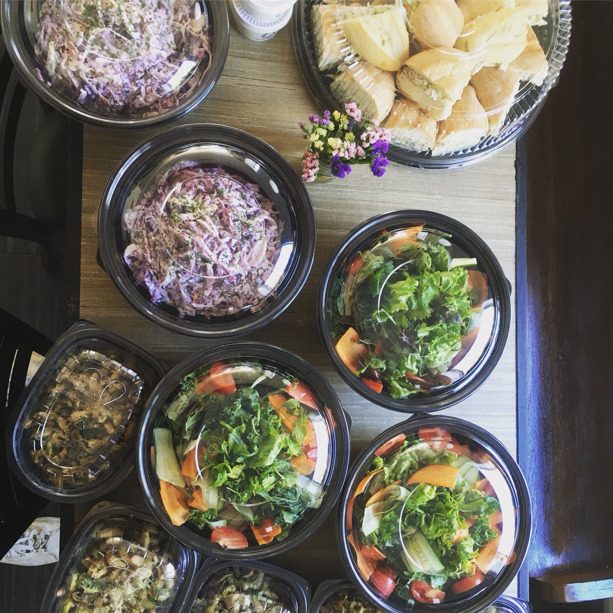 Do we cater? Yup! Example: cold chicken sandwich, green salad, coleslaw, rotis and fried sprouts. Give us a ring. (416) 526-0626