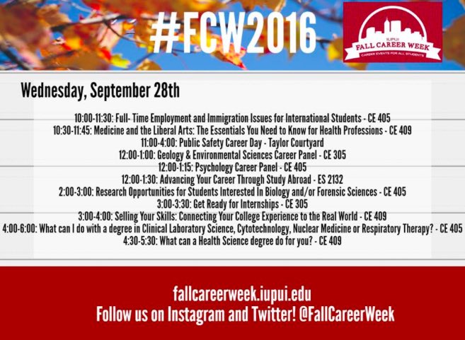 FallCareerWeek's tweet photo. .Make sure you check out tomorrow and Thursday's events for #FCW2016! @IUPUI https://t.co/uxJmd2e8TY