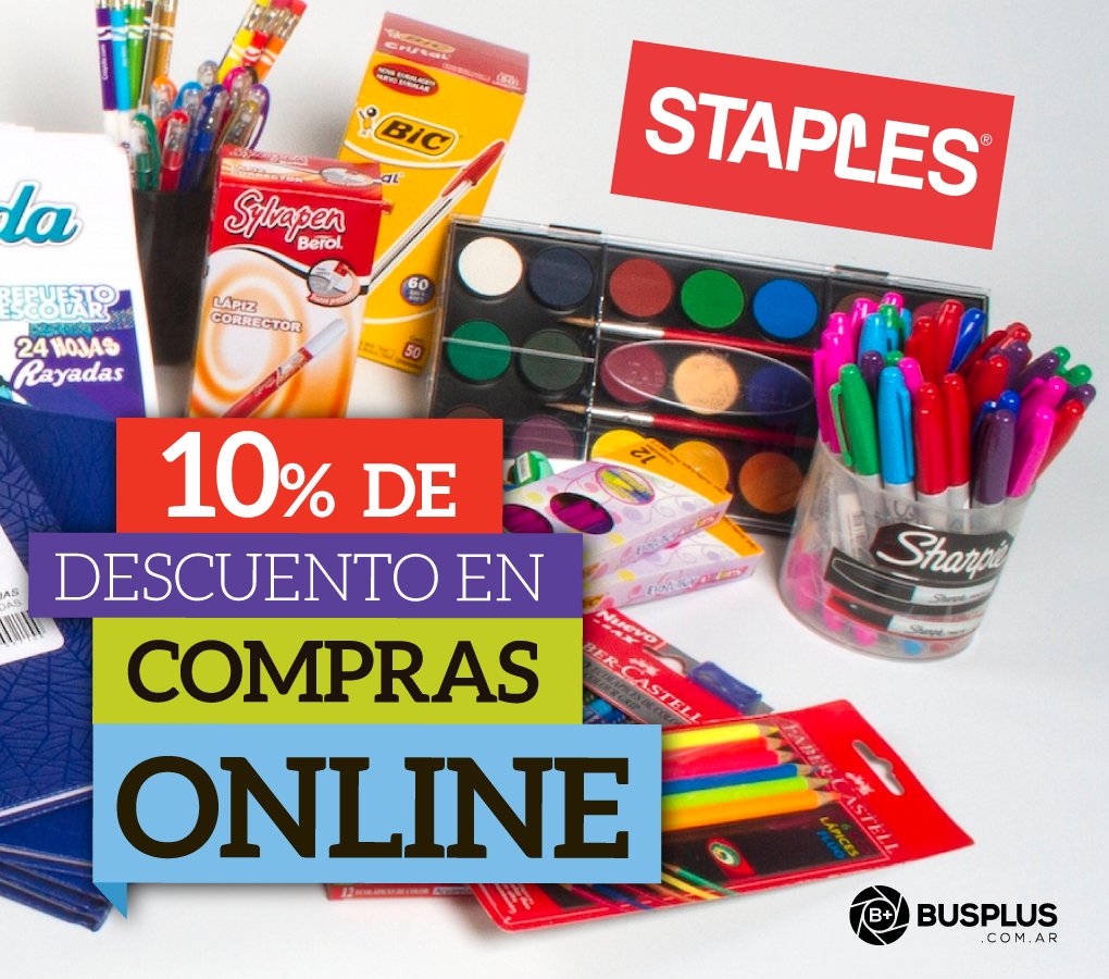 Obtené en @StaplesAR un 10% de descuento en tu compra.
Ingresá ahora en busplus.com.ar/beneficios