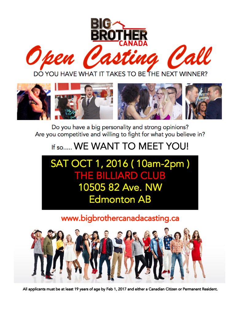 BB_Casting's tweet photo. @edmontonjournal Hoping for a #retweet of our #BigBrotherCanada  casting call info in #Edmonton at @TheBilliardClub #BBCAN5 https://t.co/E9jjVqVMXi