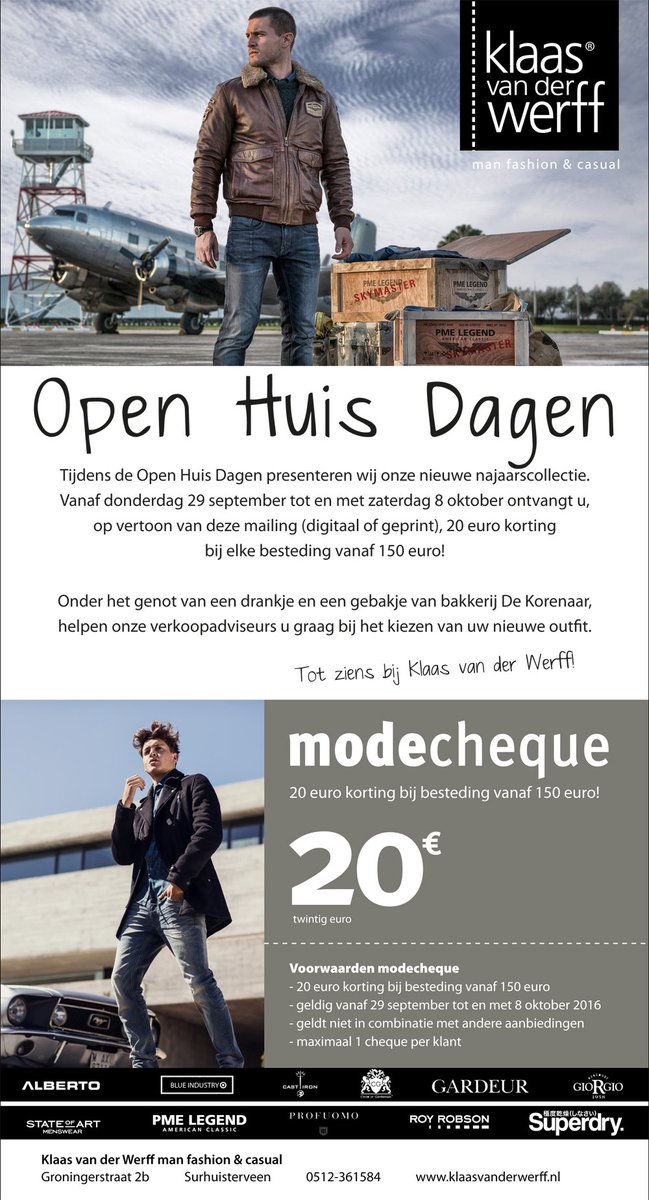 KlaasvdWerff's tweet photo. Donderdag presenteren wij onze najaarscollectie. Vergeet niet de modecheque op te slaan en te tonen voor € 20,- korting!👔👖👞 https://t.co/fe42Pt75wi