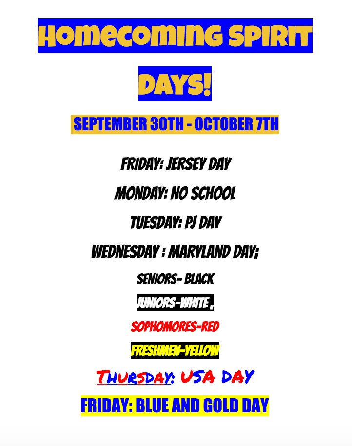 B_CCEVENTS's tweet photo. Homecoming Sprit Day Schedule! https://t.co/pbBMrpN4iY