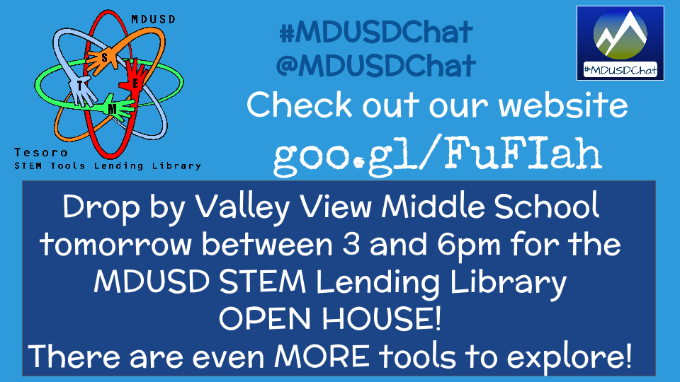 mdusdchat's tweet photo. #MDUSD #STEM Lending Library Open House Tomorrow! Join us from 3-6pm at Valley View Middle School https://t.co/8nlxNxWXuP #MDUSDChat https://t.co/WxKwJFihHa