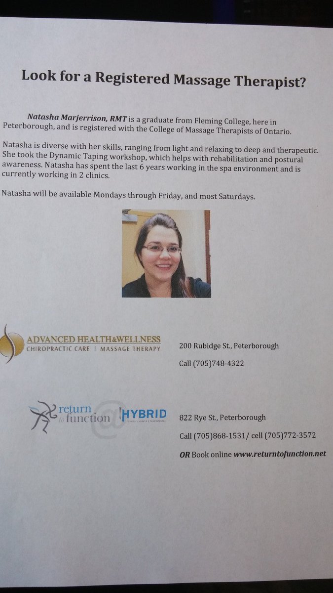 NatashaRMT's tweet photo. New flyer is ready! Share and pass it on. Everyone needs TLC sometimes! @joshmartinrmt #massage @pktourism @ptbosports_hq @PtboCanada https://t.co/VlLdE22jH6