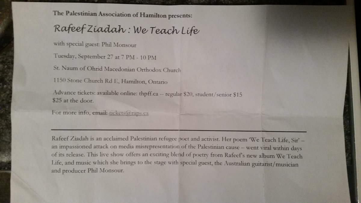 Tonight in #hamont <a href="/TPFF/">TOPalestineFilmFestival</a> <a href="/RafeefZiadah/">Rafeef Ziadah</a> "we teach life " movie #palestine <a href="/CPPF_Club/">Cdn Palestinian Fdn</a> <a href="/MEDIAnPALESTINE/">MEDIAinPALESTINE</a> <a href="/RunForPalestine/">Run For Palestine</a> @HoustonPFF #فلسطين