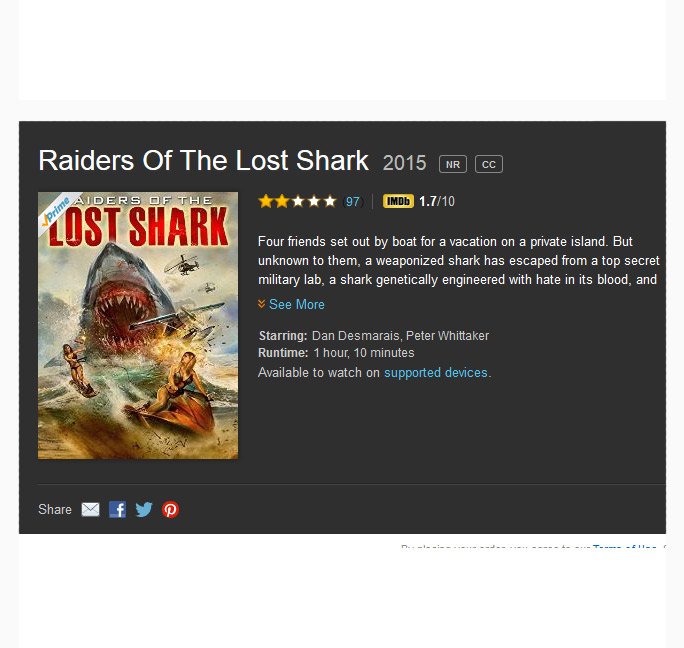 Okay! RAIDERS OF THE LOST SHARK (2015) starts now because we have all had a very bad week and it's only Tuesday. https://t.co/0ENnt9CTqh