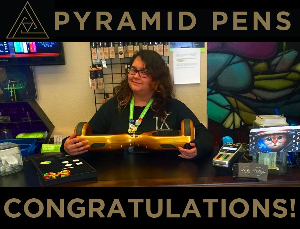PyramidPensUSA's tweet photo. Congratulations Mary! We hope you enjoy your brand new hover board. #BudtenderNight #CultivatedSynergy #PyramidPens #StayBlazed #Lit https://t.co/3ZZpjB9zeL