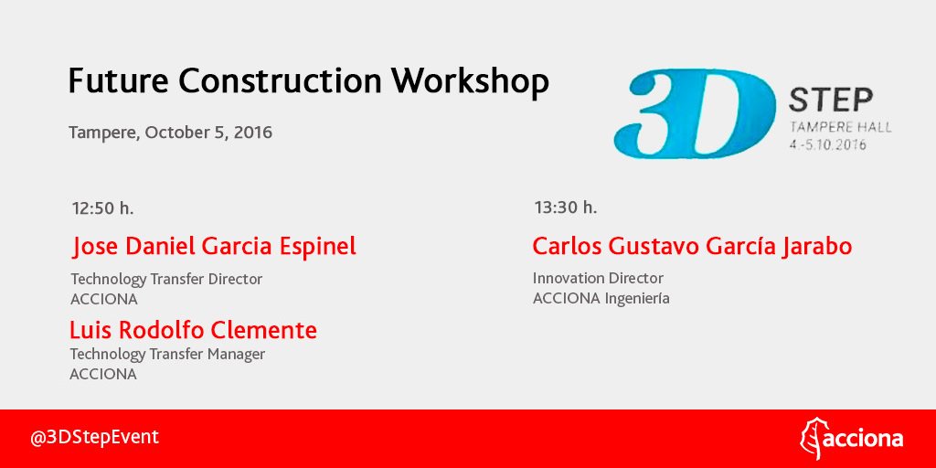 ACCIONA_EN's tweet photo. Attending #3DStepEvent? Join us in the "Future Construction Workshop" @3DStepEvent https://t.co/3FZbGSSzbl w/ @ttinerfeno https://t.co/G92ofRO9Ey