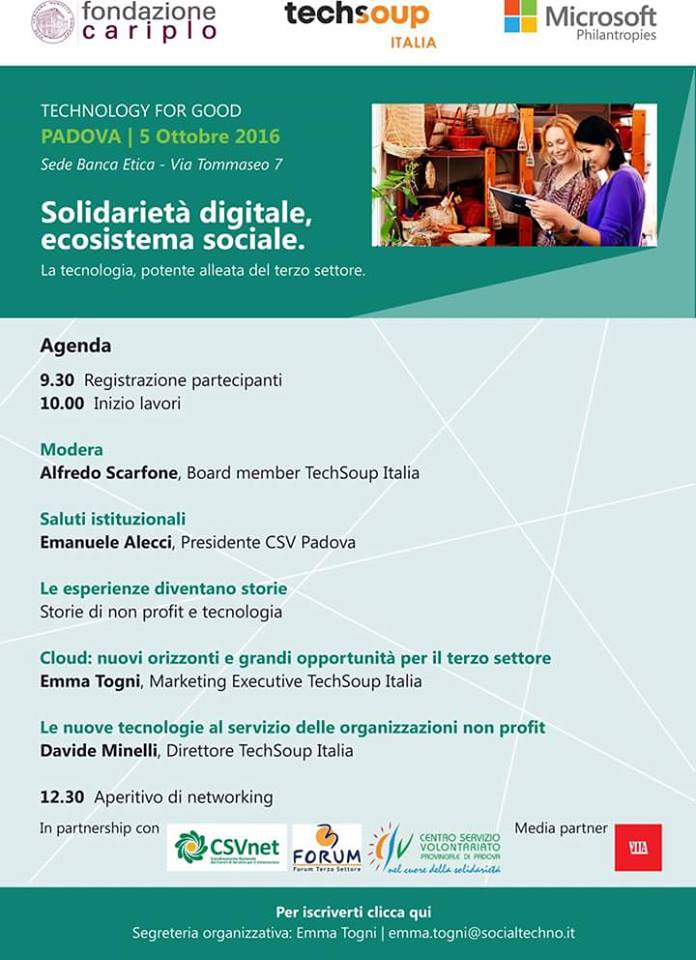 CSVpadova's tweet photo. Solidarietà digitale, ecosistema sociale @bancaetica via Tommaso 7 #Padova @fondcariparo @TechSoupItalia @microsoftitalia @VITAnonprofit https://t.co/v7mBs2CnAA